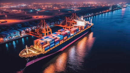 Industrial port with Logistics and transportation of International Container Cargo ship , commercial dock, harbor, cargo container , shipping , Created with Generative Ai Technology - obrazy, fototapety, plakaty
