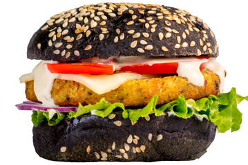 Black burger with cutlet, vegetables and lettuce - 616734943