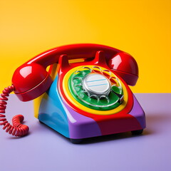 rainbow retro rotary phone with curly cord isolated on plain yellow studio background made with generative ai