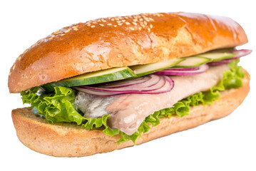 Sandwich with herring fillet onions and vegetables in a brioche bun