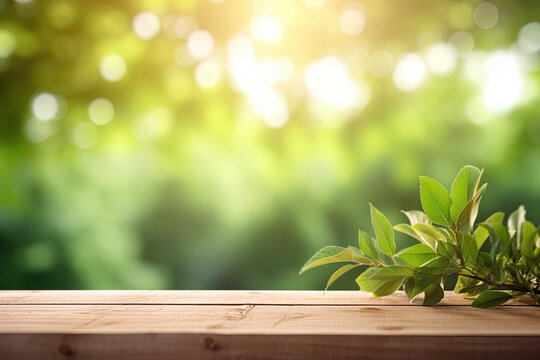 An empty wooden tabletop with green leaves on the right and a blurred spring garden in the background.