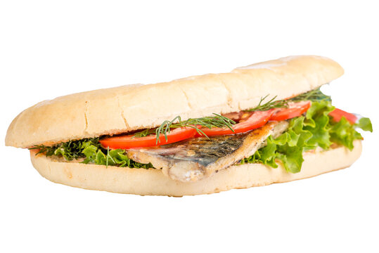 Sandwich with fried fish fillet and vegetables in a brioche bun