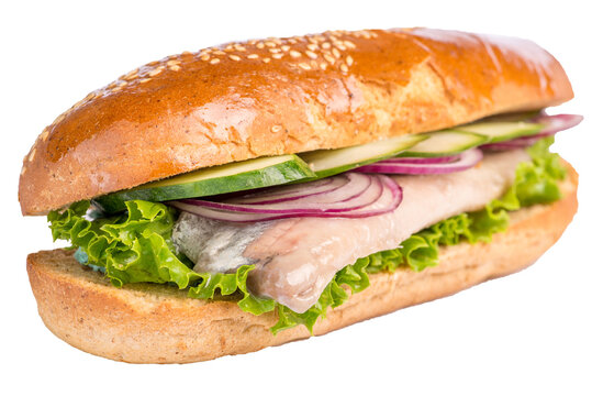 Sandwich with herring fillet onions and vegetables in a brioche bun