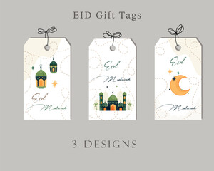 Set of Eid Gift Tags with mosque, Lantern and Moon in Modern Minimalist  Style