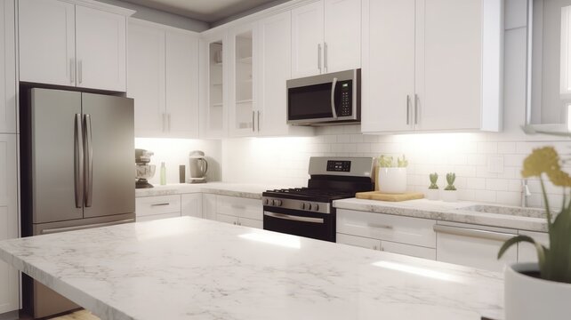 Modern white Scandinavian style kitchen in a city apartment or country house. White fasades, kitchen island with marble top, modern stainless steel kitchen appliances. Comfortable workspace.