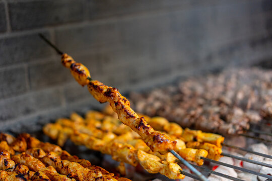 Traditional Turkish meal kebab, Ali nazik, adana kebap, urfa kebap, &ccedil;&ouml;p şiş, patlican kebap, domates kebap, şaşlık, saslik, ciger sis on table top view