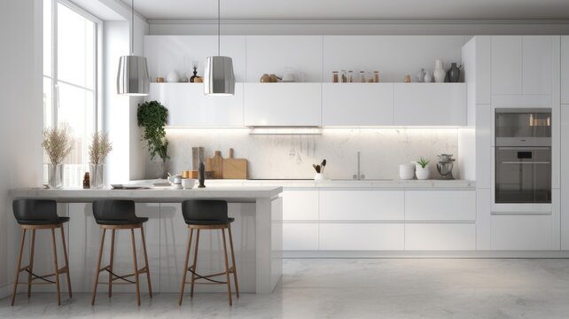 Modern minimalist kitchen room interior with white glossy facades, breakfast bar with bar stools, large window, modern kitchen appliances. Minimalist interior design. 3D rendering.