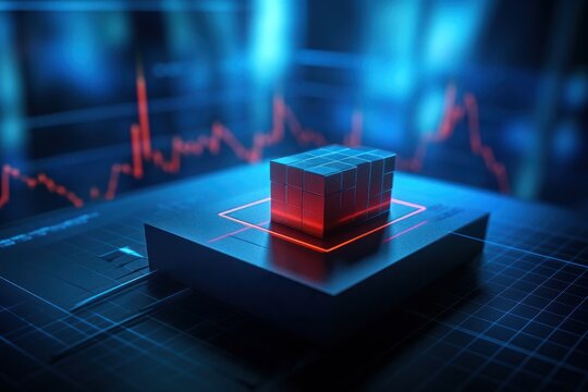 3D model of financial graph with red backlight on blue background, stock market financing chart, economic boom and bust, investment bankruptcy and inflation, global rising and falling economy. Mockup.
