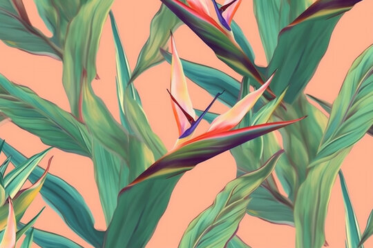 trendy orange flower tropical jungle pattern colorful pink leaf seamless. Generative AI. © VICHIZH