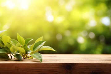 Fototapeta na wymiar Green foliage, wooden table, bokeh, sunlight spring beauty, Generative AI