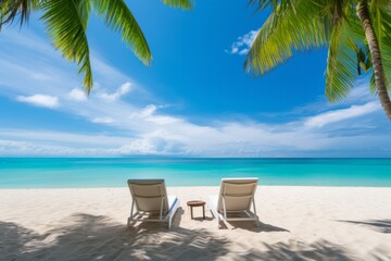 Fototapeta na wymiar Tropical beach with white sand, turquoise ocean, and palm leaves, Generative AI