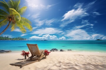 Obraz na płótnie Canvas Tropical beach with white sand, turquoise ocean, and palm leaves, Generative AI