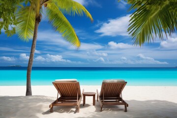 Naklejka na ściany i meble Tropical beach with white sand, turquoise ocean, and palm leaves, Generative AI