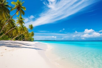 Maldives island white sand, palm trees, turquoise ocean, blue sky, Generative AI