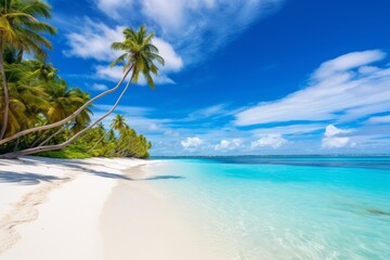 Fototapeta na wymiar Maldives island white sand, palm trees, turquoise ocean, blue sky, Generative AI