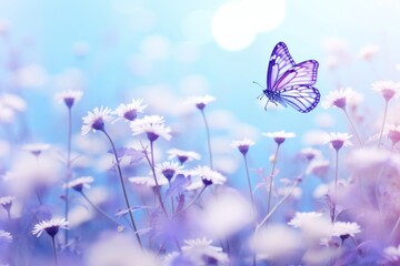 Naklejka premium Wild flowers, butterfly in morning haze Delightful artistic image, Generative AI