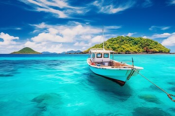 Fototapeta na wymiar Turquoise boat in blue ocean with island, perfect for summer, Generative AI