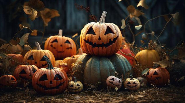 Halloween design - Forest pumpkins. Horror background with autumn valley. Generative AI