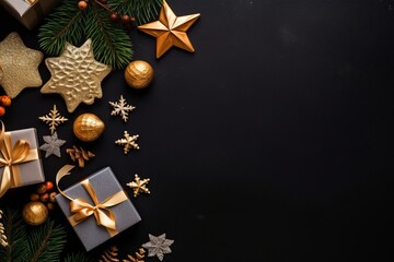 Golden gift box on dark Christmas background with decorations, Generative AI