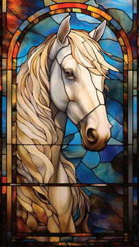 a beautiful stained glass window of a withe horse. Vibrant colors. Modern design. AI generated image.