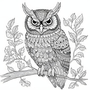 Black and white owl illustration in mandala design for painting and coloring