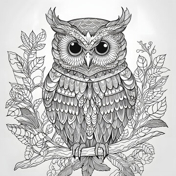Black and white owl illustration in mandala design for painting and coloring