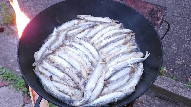 Roasting capelin in a cast iron skillet on the grill