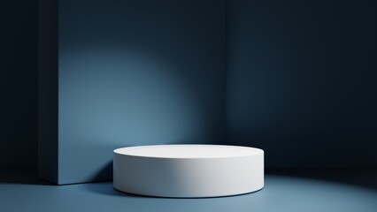 White empty podium or pedestal for product presentation. Round mockup platform on dark blue background. 3d rendering	