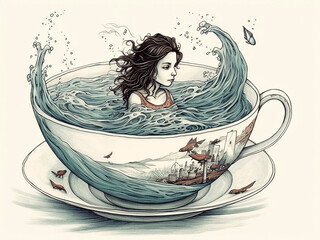 A fantastic depiction of a woman's head in a teacup framed by sea waves. Generative AI