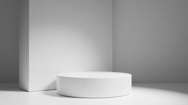 White empty podium or pedestal for product presentation. Round mockup platform on white background. 3d rendering	
