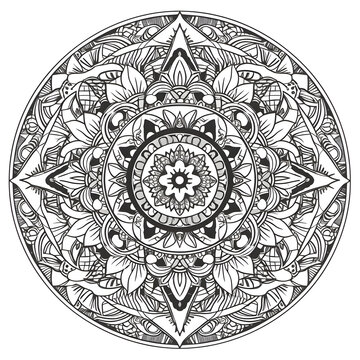 A detailed black and white mandala pattern on a white background