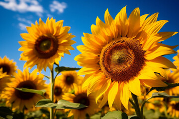 Obraz premium Close-up shot of a field of sunflowers basking in the summer sun, their bright yellow petals contrasting against a deep blue sky.