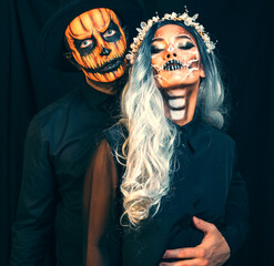 Halloween Zombie party and horror. Holiday and celebration. woman and man has happy face