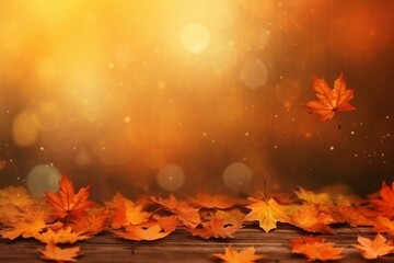 Naklejka na ściany i meble Autumn background with leaves on wood