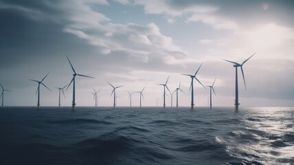 Wind turbines in a stormy northern sea against a gloomy gray sky. Sustainable energy production, clean energy. Renewable energy concept. 3D illustration.