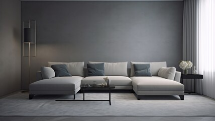 Front view of a modern minimalist living room in gray tones. Empty walls, large comfortable corner sofa with pillows, coffee table, trendy floor lamp, carpet, large window. Mockup, 3D rendering.