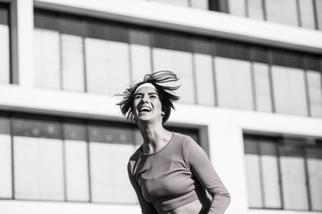 Fototapeta premium Black and white portrait of a young happy woman with a wide smile on her face