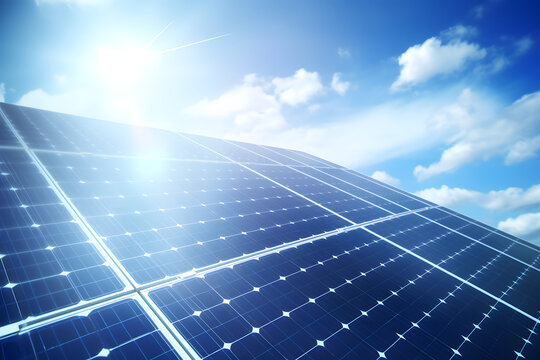 green energy solar photovoltaic panels with sky on background 