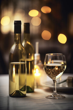 Photo with evening light. Glasses with white wine. Selective focus. 