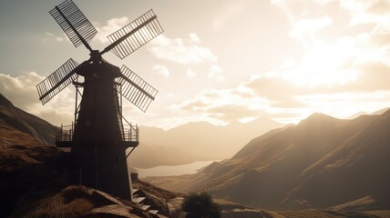 A traditional old wooden mill on a hillside against the backdrop of beautiful mountains and a vibrant sunset sky. European historical landscape, romance and beauty of nature.