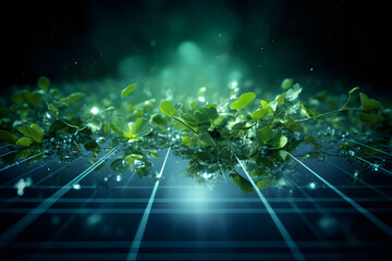 leaves and green bushes on a solar photovoltaic panel