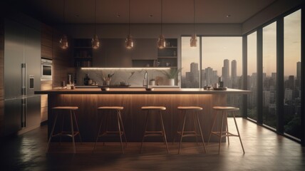 Modern loft kitchen with breakfast bar in an urban luxury apartment. Wooden floor, wooden bar counter with bar stools, modern kitchen appliances, panoramic windows with city view. 3D rendering.