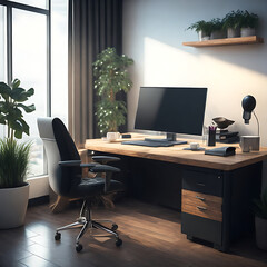 Modern home office with computer desk and chair in the natural environment