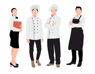 Team of chefs with waiter and waitress standing together in isolated white background.
