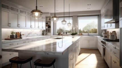 Modern luxury white kitchen. Large kitchen island with quartz stone countertop and bar stools, pendant lights, modern kitchen appliances, large window with garden view. 3D rendering.