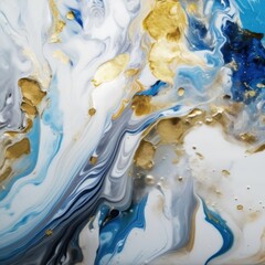 Abstract wavy acrylic paint mix in blue, gold, beige and white. Abstract art, artistic texture. Multicolored bright background.