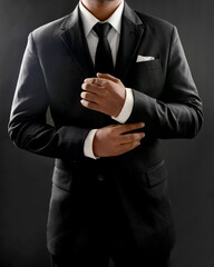 Confident Handsome Young Man In Dark Suit Adjusting cuff Isolated On Dark Background