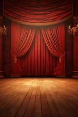 Fotobehang scène de théâtre avec rideaux rouge et parquet en bois, illustration ia générative © sebastien montier