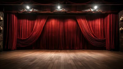 Foto op Plexiglas scène de théâtre avec rideaux rouge et parquet en bois, illustration ia générative © sebastien montier