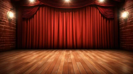 Fotobehang scène de théâtre avec rideaux rouge et parquet en bois, illustration ia générative © sebastien montier